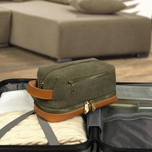 Leather Canvas Travel Toiletry Bag